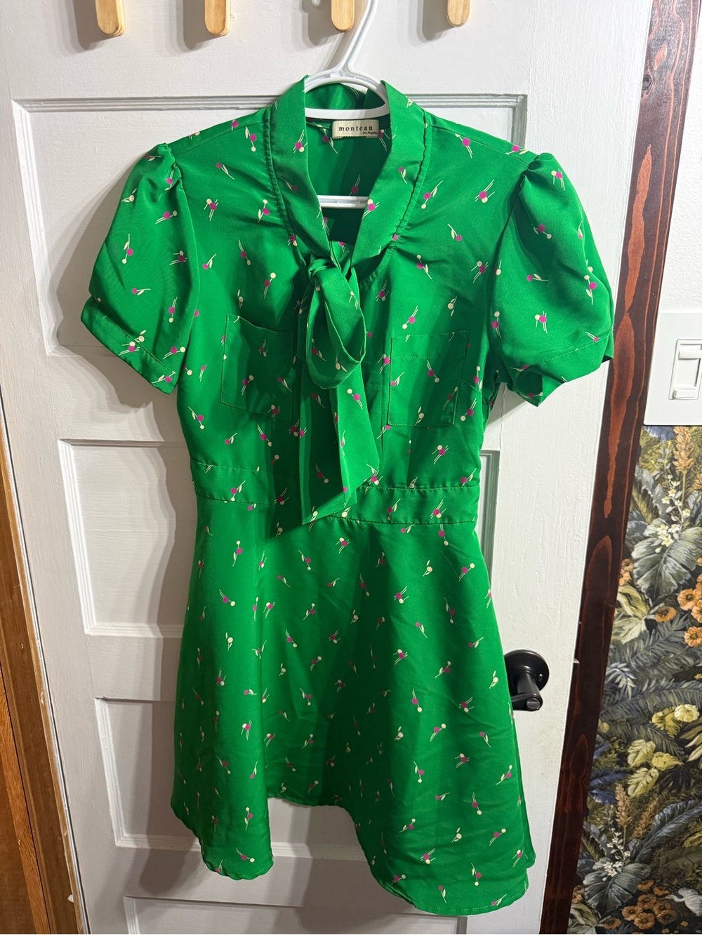 Monteau Green Mini Dress with Pink and Cream Cherry Print